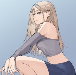 Rule 34 | 1girl, absurdres, alternate costume, an-94 (girls&#039; frontline), aqua eyes, aqua hairband, bare shoulders, blonde hair, blue skirt, breasts, casual, closed mouth, crop top, defy (girls&#039; frontline), earrings, feet out of frame, from side, girls&#039; frontline, hair ornament, hairband, hairclip, highres, jewelry, kavni, light blue background, long hair, looking at viewer, navel, off-shoulder shirt, off shoulder, shirt, sideboob, sitting, skirt, small breasts, solo