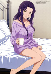 Rule 34 | 1girl, absurdres, alternate costume, ankle, aqua inc., aran sweater, bare legs, bare shoulders, barefoot, bed, breasts, cable knit, cleavage, closed mouth, collarbone, cup, fanatio, fanatio synthesis two, female focus, fingernails, frilled pillow, frills, head tilt, highres, holding, holding cup, indoors, knees together feet apart, large breasts, lavender sweater, legs, long hair, long sleeves, looking at viewer, magazine scan, megami magazine, naked sweater, neck, off-shoulder, off-shoulder sweater, off shoulder, official art, on bed, parted bangs, pillow, purple hair, ribbed sweater, scan, sidelocks, sitting, smile, solo, sweater, sword art online, sword art online: alicization, white frills, yellow eyes