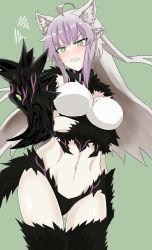 Rule 34 | 1girl, abs, absurdres, agrius metamorphosis, ahoge, angry, animal ears, atalanta alter (fate), atalanta (fate), black collar, blush, braid, breast hold, breasts, cat ears, clenched teeth, collar, fate/apocrypha, fate/grand order, fate (series), french braid, gluteal fold, gradient hair, green background, green eyes, highres, large breasts, looking at viewer, multicolored hair, navel, purple hair, rakku (10219563), scowl, sharp teeth, sidelocks, silver hair, simple background, slit pupils, solo, squiggle, sweatdrop, teeth, thighhighs, two-tone hair, v-shaped eyebrows
