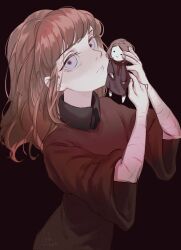 Rule 34 | 1girl, artist name, black background, brown robe, closed mouth, doll, fear &amp; hunger, grey eyes, highres, holding, holding doll, liar leth, long hair, looking at viewer, multiple scars, orange hair, robe, scar, simple background, solo, the girl (fear &amp; hunger), upper body