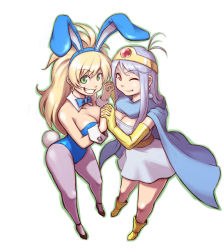 Rule 34 | 2girls, animal ears, antenna hair, bare shoulders, big hair, blonde hair, blue hair, boots, bow, bowtie, breasts, cape, chunsoft, circlet, cleavage, detached collar, dragon quest, dragon quest iii, dress, earrings, elbow gloves, enix, fake animal ears, foreshortening, gem, gloves, green eyes, grey legwear, grin, hairband, high heels, holding hands, hoop earrings, jester (dq3), jewelry, large breasts, leotard, light smile, long hair, looking at viewer, multiple girls, nom, one eye closed, outline, pantyhose, perspective, playboy bunny, profile, rabbit ears, rabbit tail, red eyes, sage (dq3), shoes, short dress, sidelocks, silver hair, simple background, slime (dragon quest), smile, standing, symmetry, tail, white background, wink, wrist cuffs