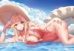 Rule 34 | 1girl, absurdres, azur lane, blonde hair, blush, breasts, cleavage, cloud, covered navel, cross-laced clothes, cross-laced one-piece swimsuit, hand on own head, hand on own thigh, hat, highres, innertube, large breasts, long hair, looking at viewer, lying, ocean, on side, one-piece swimsuit, pink one-piece swimsuit, purple eyes, richelieu (azur lane), richelieu (fleuron of the waves) (azur lane), sky, solo, sun hat, swim ring, swimsuit, tango (jjsw4524)