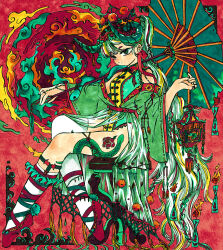 Rule 34 | 1girl, asymmetrical legwear, ballet slippers, beads, braid, chinese clothes, closed mouth, commentary request, fire, from side, full body, green eyes, green hair, green kimono, highres, holding, holding lantern, holding umbrella, horns, japanese clothes, jewelry, kimono, lantern, leg tattoo, legwear garter, leotard, long hair, marker (medium), multicolored hair, multiple braids, off shoulder, oil-paper umbrella, original, plantar flexion, pom pom (clothes), ponytail, red background, single thighhigh, sitting, snake, snake tattoo, solo, split mouth, stool, streaked hair, talisman, tassel, tattoo, thighhighs, traditional media, umbrella, uneven legwear, very long hair, whorled clouds, wide sleeves, yamakita higashi