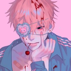 Rule 34 | 1boy, bandaid, bandaid on chest, berry, blue shirt, closed mouth, collared shirt, eyepatch, eyeshadow, food, food in mouth, food on body, food on clothes, food on face, food on head, fruit, gyuing666, highres, makeup, male focus, object on head, open clothes, open shirt, original, pink eyeshadow, pink hair, shirt, short hair, solo