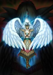 Rule 34 | 2girls, absurdres, angel wings, aura, blonde hair, boots, breasts, closed mouth, dark persona, dual persona, duel monster, facial mark, facing viewer, feathered wings, feathers, floating, glowing, guardian dreadscythe, guardian eatos, hands on own chest, happy, headdress, highres, holding, holding scythe, holding weapon, long skirt, looking at viewer, mask, midriff, multiple girls, navel, scythe, shirt, shoukobu, shoulder pads, skirt, sleeveless, sleeveless shirt, smile, standing, weapon, wings, yellow eyes, yu-gi-oh!, yu-gi-oh! duel monsters