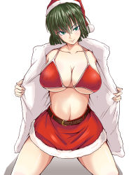 Rule 34 | 1girl, bikini, bikini top only, blush, breasts, christmas, cleavage, fubuki (one-punch man), fur-trimmed skirt, fur trim, green eyes, green hair, hat, jacket, kawa, large breasts, looking at viewer, one-punch man, red bikini, red skirt, santa hat, shiny skin, short hair, simple background, skirt, smile, solo, swimsuit, underboob, white background, white jacket