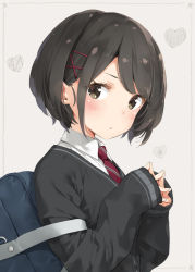 Rule 34 | 1girl, bag, black cardigan, black hair, blush, brown eyes, cardigan, closed mouth, collared shirt, commentary request, diagonal-striped clothes, diagonal-striped necktie, diagonal-striped neckwear, grey background, hair ornament, hairclip, heart, highres, kani biimu, long sleeves, looking at viewer, necktie, original, red necktie, school bag, school uniform, shirt, short hair, sleeves past wrists, solo, steepled fingers, striped clothes, striped necktie, striped neckwear, upper body, white shirt, x hair ornament
