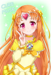 Rule 34 | 1girl, arm behind back, bad id, bad pixiv id, blush, bow, brown hair, capelet, character name, choker, cure muse (yellow), frilled capelet, frills, hair bow, hoshino kagari, long hair, precure, purple eyes, smile, solo, suite precure, upper body, v, very long hair, yellow bow, yellow capelet