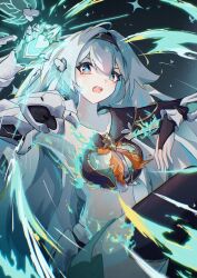 Rule 34 | 1girl, armor, black gloves, black hairband, bloodzmoon, breasts, fingerless gloves, fire, firefly (honkai: star rail), gloves, green fire, grey hair, hair between eyes, hairband, highres, holding, honkai: star rail, honkai (series), long hair, looking at viewer, medium breasts, neckerchief, open mouth, orange neckerchief, sam (honkai: star rail), skirt, thighhighs, torn clothes, transforming clothes, two-tone eyes