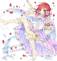 Rule 34 | 10s, 1girl, angel wings, ankle lace-up, barefoot, cake, cross-laced footwear, flower, food, happy birthday, highres, bridal garter, love live!, love live! school idol festival, love live! school idol project, nishikino maki, open mouth, petals, purple eyes, red hair, short hair, smile, solo, too many, wings, yana mori