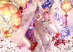 Rule 34 | 1girl, absurdres, animal ears, armlet, azur lane, breasts, china dress, chinese clothes, chinese new year, cleavage, cleavage cutout, clothing cutout, dress, fireworks, flower, fox ears, fox girl, fox tail, gloves, green eyes, hair ornament, hairband, hanazuki (azur lane), hanazuki (blossoming spring resplendent moon) (azur lane), hand fan, hand up, highres, holding, holding fan, lantern, looking at viewer, medium breasts, nako nya, official alternate costume, pink gloves, pink hair, pink tail, print umbrella, red hairband, sleeveless, sleeveless dress, tail, umbrella, upper body