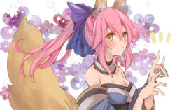 Rule 34 | 10s, 1girl, \m/, animal ears, blush, bow, breasts, cleavage, collarbone, detached sleeves, fate/extra, fate/grand order, fate (series), fox ears, fox tail, hair bow, hair ornament, hair ribbon, japanese clothes, kitakazepanda, large breasts, looking at viewer, pink hair, ribbon, solo, tail, tamamo (fate), tamamo no mae (fate/extra), yellow eyes