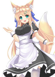 Rule 34 | 1girl, :d, animal ear fluff, animal ears, apron, blonde hair, blush, breasts, dress, fox ears, fox tail, green eyes, hair ornament, hairclip, highres, large breasts, maid, maid apron, open mouth, original, smile, sogaya, solo, tail, thighhighs, white thighhighs