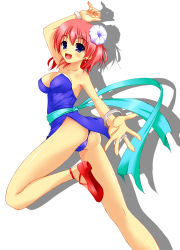 Rule 34 | 1990s (style), 1girl, ass, blue eyes, blush, bracelet, breasts, cleavage, dancer, earrings, female focus, final fantasy, final fantasy v, flower, hair flower, hair ornament, jewelry, legs, lenna charlotte tycoon, leotard, long legs, looking back, open mouth, pink hair, purple eyes, ribbon, ring, sash, shoes, short hair, solo, strapless, thighs, uchouten, white background