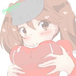 Rule 34 | 10s, 1girl, alternate breast size, blush, breast hold, breasts, brown eyes, brown hair, japanese clothes, kantai collection, long hair, ryuujou (kancolle), simple background, smile, solo, twintails, twitter username, upper body, visor cap, yasai yuuki