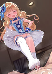 Rule 34 | 1boy, 1girl, blonde hair, blush, bow, breasts, closed eyes, cum, cum on body, cum on feet, footjob, frilled panties, frills, from below, hair bow, indoors, jashin-chan dropkick, long hair, looking at viewer, mumyou ishi, panties, poporon (jashin-chan dropkick), small breasts, thighhighs, underwear, white panties, white thighhighs