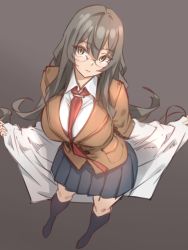 Rule 34 | 10s, 1girl, bad id, bad twitter id, black legwear, breasts, brown hair, brown jacket, collared shirt, commentary request, from above, futaba rio, glasses, grey background, hair between eyes, highres, jacket, lab coat, large breasts, long hair, long sleeves, looking at viewer, naidong (artist), necktie, pleated skirt, red necktie, school uniform, seishun buta yarou, shirt, skirt, solo, standing, taking off, wavy hair, white shirt, yellow eyes