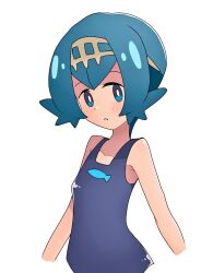 Rule 34 | 1girl, animal print, bare arms, blue eyes, blue hair, bright pupils, collarbone, commentary request, creatures (company), fish print, freckles, game freak, hairband, lana (pokemon), mizu majuu (waterman10), nintendo, no sclera, one-piece swimsuit, parted lips, pokemon, pokemon sm, short hair, simple background, solo, swimsuit, upper body, white background, white pupils, yellow hairband