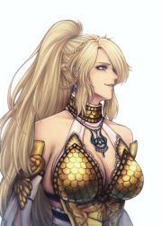 Rule 34 | 1girl, athena (musou orochi), bare shoulders, blonde hair, blue eyes, braid, breasts, cleavage, earrings, halterneck, high ponytail, highres, jewelry, ktovhinao, large breasts, long hair, looking away, musou orochi, musou orochi 3, necklace, ponytail, profile, sidelocks, smile, solo, upper body, white background