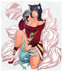 Rule 34 | 1girl, ahri (league of legends), animal ears, bad id, bad pixiv id, breasts, cleavage, detached sleeves, facial mark, fish, fizz (league of legends), fox ears, fox tail, korean clothes, korean text, large breasts, league of legends, long hair, multiple tails, nephlite, slit pupils, tail, tongue, tongue out, whisker markings