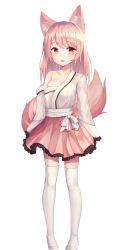 1girl aged_down animal_ear_fluff animal_ears blush bow brown_hair cat_ears collarbone commentary fox_ears fox_girl fox_tail frilled_skirt frilled_sleeves frills highres japanese_clothes kimono long_hair long_sleeves looking_at_viewer no_shoes off_shoulder open_mouth pigeon-toed pink_skirt pleated_skirt red_eyes shiro_(acad1213) simple_background skirt solo standing tail talesshop thighhighs white_background white_bow white_kimono white_thighhighs