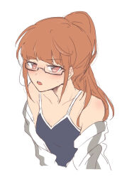 Rule 34 | 1girl, bare shoulders, black-framed eyewear, blue one-piece swimsuit, blunt bangs, blush, brown eyes, brown hair, commentary request, cropped torso, glasses, highres, jacket, long hair, looking at viewer, minami mirei, nojima minami, off shoulder, one-piece swimsuit, open clothes, open jacket, open mouth, ponytail, pretty series, pripara, school swimsuit, semi-rimless eyewear, simple background, solo, swimsuit, upper body, white background