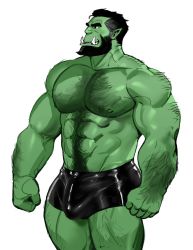 Rule 34 | 1boy, abs, arm hair, bad id, bad twitter id, bara, beard, biceps, black hair, broad shoulders, bulge, chest hair, clenched hands, colored skin, dopey (dopq), facial hair, green skin, hairy, highres, large pectorals, looking to the side, male focus, male underwear, manly, mature male, muscular, muscular male, nipples, no pants, open mouth, orc, original, pectorals, short hair, simple background, solo, teeth, thick arms, thick eyebrows, thick thighs, thighs, topless male, tusks, underwear, white background