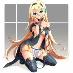 Rule 34 | 1girl, aqua eyes, bare shoulders, blonde hair, blush, boots, breasts, chain, collar, colorized, eto, full body, highres, kneeling, lily (vocaloid), long hair, medium breasts, navel, off shoulder, smile, solo, strap slip, thigh boots, thighhighs, underboob, very long hair, vocaloid
