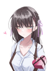 Rule 34 | 1girl, :/, absurdres, black hair, blush, box, braid, cafe stella to shinigami no chou, casual, closed mouth, collarbone, commentary request, dress shirt, earrings, eyebrows hidden by hair, eyelashes, flower, frown, gift, hair between eyes, hair flower, hair ornament, hair ribbon, hairclip, heart, heart-shaped box, highres, holding, holding gift, jewelry, long hair, looking to the side, mkn yu, mole, mole under eye, purple ribbon, ribbon, rose, shiki natsume, shirt, shy, side braid, simple background, skirt, solo, straight hair, stud earrings, suspenders, upper body, valentine, white background, white flower, white rose, white shirt, yellow eyes