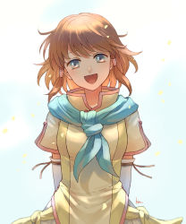 Rule 34 | 1girl, :d, akke, blue eyes, brown hair, detached sleeves, fire emblem, fire emblem: path of radiance, floating hair, hair tubes, long hair, looking at viewer, mist (fire emblem), nintendo, open mouth, ribbon-trimmed sleeves, ribbon trim, short sleeves, smile, solo, white background, white sleeves, yellow tunic