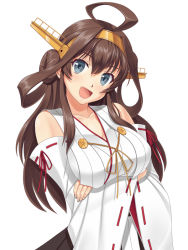 Rule 34 | 10s, 1girl, :d, ahoge, blue eyes, breasts, brown hair, cleavage, colored eyelashes, crossed arms, female focus, hair bun, hair rings, hairband, head tilt, headgear, hobenkei, kantai collection, kongou (kancolle), large breasts, long hair, open mouth, simple background, single hair bun, smile, solo, white background, wide sleeves