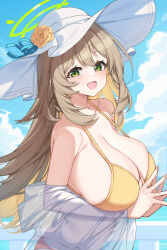 Rule 34 | 1girl, bikini, blue archive, blush, breasts, brown hair, cleavage, green eyes, halo, hat, highres, huge breasts, long hair, nonomi (blue archive), nonomi (swimsuit) (blue archive), outdoors, own hands together, see-through, see-through shirt, shirt, smile, solo, sun hat, swimsuit, upper body, very long hair, white hat, white shirt, yellow bikini, yuxian youka