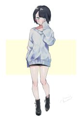 Rule 34 | 1girl, artist name, bad id, bad pixiv id, black hair, blue eyes, boots, collarbone, full body, highres, original, short hair, sleeves past wrists, solo, standing, sweater, uni (melm), v-neck, white background, yellow background