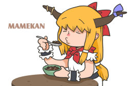 Rule 34 | 1girl, arm rest, arm up, beans, belt, blowing, bow, bowl, chibi, closed eyes, commentary request, eating, hair bow, holding, holding bowl, holding spoon, horn ornament, horn ribbon, horns, ibuki suika, long hair, low-tied long hair, neck ribbon, onikobe rin, orange hair, puckered lips, red ribbon, ribbon, shirt, sidelocks, simple background, sleeveless, sleeveless shirt, solo, spoon, table, touhou, upper body, white background, white shirt, wrist cuffs