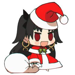 Rule 34 | 1girl, :d, black hair, blush stickers, chibi, christmas, commentary, earrings, english commentary, fate/grand order, fate (series), hair ribbon, hat, highres, hoop earrings, ishtar (fate), jewelry, loen, long hair, long sleeves, meme, open mouth, padoru (meme), red eyes, red hat, ribbon, sack, santa costume, santa hat, simple background, smile, solo, standing, transparent background, white background