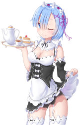 Rule 34 | 10s, 1girl, apron, arm at side, black panties, blue hair, blush, cake, clothes lift, cup, detached collar, detached sleeves, food, garter straps, gluteal fold, hair ornament, hair over one eye, hairband, highres, holding, ji dao ji, lace, lace-trimmed panties, lace trim, lifted by self, looking at viewer, maid, one eye closed, panties, pantyshot, re:zero kara hajimeru isekai seikatsu, rem (re:zero), short hair, skirt, skirt lift, solo, standing, tea, teacup, teapot, thighhighs, tray, underwear, white apron, white background, white thighhighs, wide sleeves, x hair ornament, zettai ryouiki