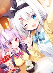 Rule 34 | 2girls, animal ears, black jacket, blue eyes, blue neckwear, blush, breasts, buttons, collared shirt, commentary request, double v, dutch angle, food, fruit, hair ornament, hairclip, highres, jacket, konpaku youmu, konpaku youmu (ghost), large breasts, long hair, long sleeves, maturiuta sorato, multiple girls, one eye closed, open mouth, pink hair, pink neckwear, rabbit ears, red eyes, reisen udongein inaba, round teeth, shirt, short hair, smile, spoon, strawberry, teeth, touhou, upper teeth only, v, white hair, white shirt