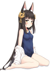 Rule 34 | 1girl, animal ear fluff, animal ears, azur lane, black hair, blue one-piece swimsuit, blush, breasts, commentary request, fox ears, hair between eyes, hair ornament, jewelry, long hair, looking at viewer, nagato (azur lane), necklace, one-piece swimsuit, school swimsuit, shirt, simple background, sitting, small breasts, solo, sweatdrop, swimsuit, translation request, wariza, white background, white shirt, yamasan, yellow eyes