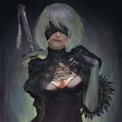 Rule 34 | 1girl, android, arcsh, black dress, blindfold, breasts, cleavage, cleavage cutout, clothing cutout, covered eyes, dress, facing viewer, feather-trimmed sleeves, juliet sleeves, katana, long sleeves, medium breasts, mole, mole under mouth, nier (series), nier:automata, pink lips, puffy sleeves, short hair, silver hair, sword, sword behind back, vambraces, weapon, 2b (nier:automata)