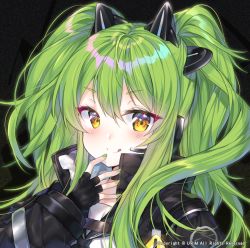 Rule 34 | 1girl, bad id, bad pixiv id, black gloves, blush, commentary, copyright name, face, fingerless gloves, girls&#039; frontline, gloves, green eyes, green hair, hair between eyes, long hair, looking at viewer, m950a (girls&#039; frontline), mod3 (girls&#039; frontline), solo, tongue, tongue out, twintails, urim (paintur), yellow eyes