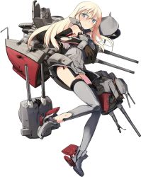 Rule 34 | 10s, 1girl, armband, bismarck (kancolle), blonde hair, blush, boots, breasts, brown gloves, cannon, detached sleeves, full body, gloves, grey eyes, grey footwear, grey thighhighs, hat, unworn hat, unworn headwear, kantai collection, long hair, mecha musume, official art, open mouth, peaked cap, personification, shimada fumikane, solo, thighhighs, torn clothes, torn thighhighs, transparent background