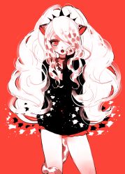 Rule 34 | 1girl, animal ears, bad id, bad pixiv id, big hair, black shirt, cat ears, cat tail, citti (show by rock!!), contrapposto, copyright request, cowboy shot, fangs, gluteal fold, limited palette, lion ears, lion tail, long sleeves, looking at viewer, mamaloni, open mouth, red background, red eyes, shirt, show by rock!!, simple background, slit pupils, solo, standing, tail