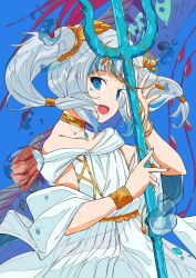 Rule 34 | 1girl, bare shoulders, blue background, blue eyes, bracelet, collarbone, dress, gawr gura, gawr gura (party dress), gem, gold choker, grey hair, highres, holding trident, hololive, hololive english, jewelry, looking at viewer, multicolored hair, polearm, sharp teeth, solo, streaked hair, teeth, trident, upper body, virtual youtuber, water drop, weapon, white dress, xtango