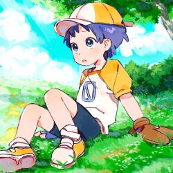 Rule 34 | 1boy, baseball cap, baseball glove, blue sky, child, cloud, cloudy sky, commentary, english commentary, hat, male focus, nature, nemui (nemuriyagi), numbered, on grass, on ground, open mouth, original, outdoors, purple hair, scenery, shorts, sitting, sky, solo, tree, wariza