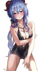 Rule 34 | 1girl, alternate costume, arm under breasts, bare arms, bare shoulders, between breasts, black one-piece swimsuit, blue hair, blush, bow, breasts, cleavage, ganyu (genshin impact), genshin impact, goat horns, hair between eyes, hair bow, highres, horns, kneeling, large breasts, looking at viewer, o-ring, o-ring swimsuit, one-piece swimsuit, parted lips, saya (mychristian2), sidelocks, signature, simple background, solo, swimsuit, thighs, wet, white background