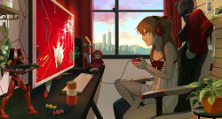 Rule 34 | 1girl, aida kensuke, animal hat, blue eyes, brown hair, candy, cat hat, chair, child, cityscape, computer, controller, curtains, doll, drink, eva 02, evangelion: 3.0+1.0 thrice upon a time, flat screen tv, flower, food, from side, game controller, gaming chair, hair between eyes, hat, headphones, highres, jacket, keyboard (computer), long hair, mouse (computer), neon genesis evangelion, photo (object), plant, rebuild of evangelion, serious, sitting, solo, souryuu asuka langley, swivel chair, television, toy, video game, window