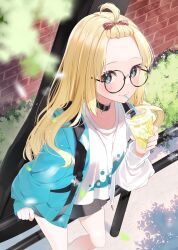 Rule 34 | 1girl, absurdres, ahoge, bangs pinned back, belt collar, black-framed eyewear, blonde hair, blue eyes, borumete, breasts, brick wall, collarbone, drink, drinking straw, folded hair, forehead, from above, glasses, highres, instrument case, long hair, looking at viewer, loose clothes, medium breasts, miniskirt, on railing, original, outdoors, parted hair, polka dot, railing, skirt, smile, solo