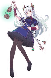 Rule 34 | black footwear, black skirt, blue dress, brown pantyhose, copyright request, dress, full body, grey hair, highres, holding, holding staff, horns, itou (onsoku tassha), knees together feet apart, lantern, long hair, looking at viewer, pantyhose, parted lips, pleated skirt, puffy short sleeves, puffy sleeves, red eyes, shoes, short sleeves, simple background, skirt, staff, white background