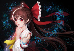 Rule 34 | 1girl, absurdres, bad id, bad pixiv id, bow, brown hair, detached sleeves, floating hair, frilled bow, frills, hair between eyes, hair bow, hakurei reimu, highres, hong bai, long hair, long sleeves, own hands clasped, own hands together, parted lips, red bow, red eyes, solo, touhou, upper body, very long hair, white sleeves, yellow neckwear