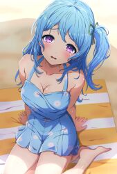 Rule 34 | 1girl, absurdres, arm support, arms behind back, bang dream!, bare arms, bare shoulders, barefoot, beach towel, blue hair, blue one-piece swimsuit, blush, breasts, casual one-piece swimsuit, cleavage, collarbone, commentary request, day, floral print, from above, green ribbon, hair ribbon, halterneck, highres, knees out of frame, long hair, looking at viewer, looking up, matsubara kanon, medium breasts, noshimurin, on ground, one-piece swimsuit, one side up, outdoors, parted lips, print swimsuit, purple eyes, raised eyebrows, ribbon, sand, shade, sitting, solo, swimsuit, swimsuit skirt, towel, wet, yokozuwari